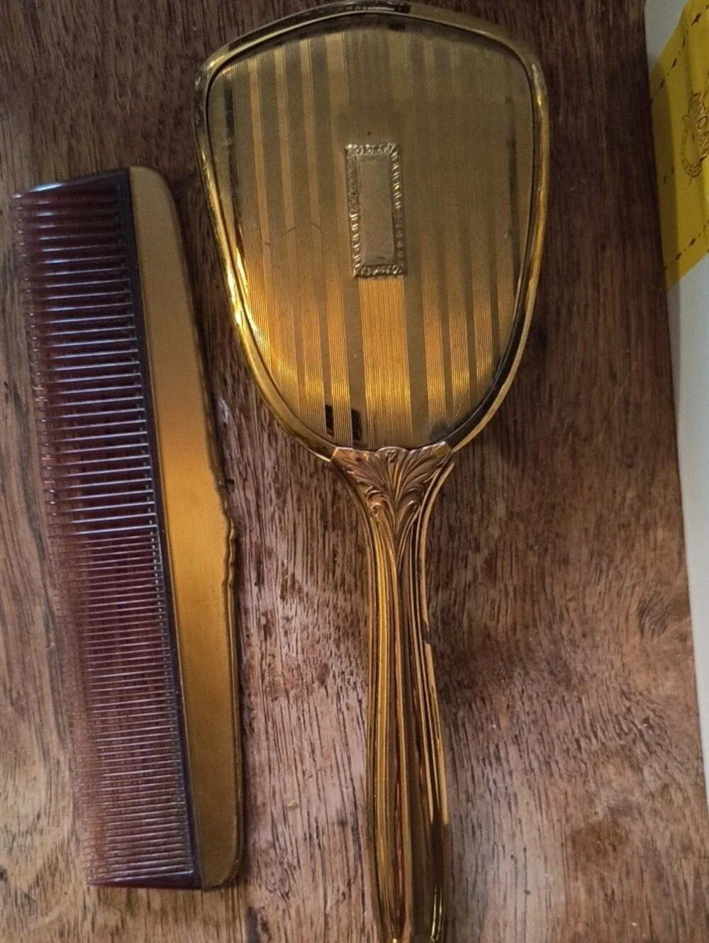 Gold Hair Brush with Cream Bristles and Matching Gold Comb